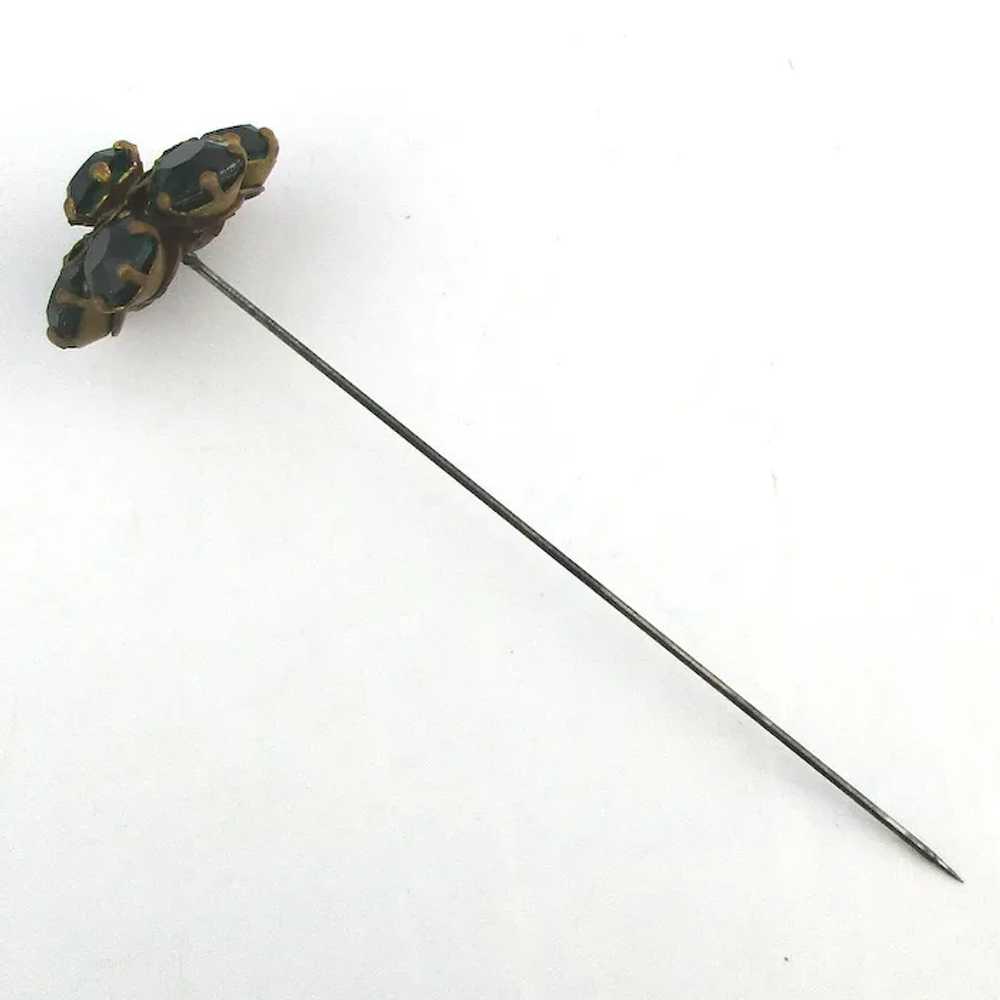 Old Green Rhinestone Filigree Hat Pin 5 Inches - image 2