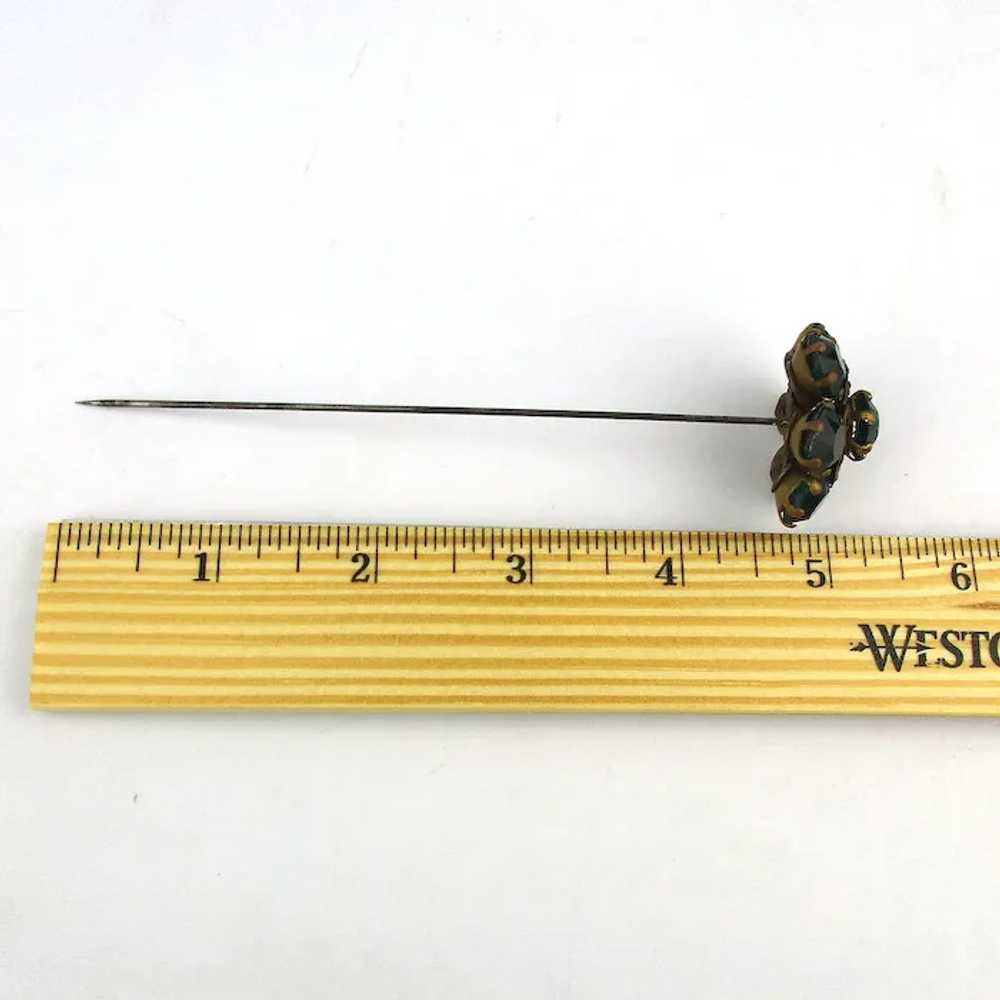 Old Green Rhinestone Filigree Hat Pin 5 Inches - image 5