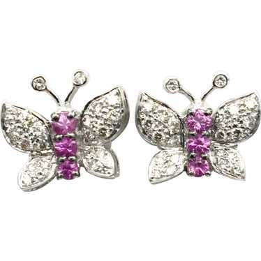 18K .50 CTW Diamond & Pink Sapphire Butterfly Stud