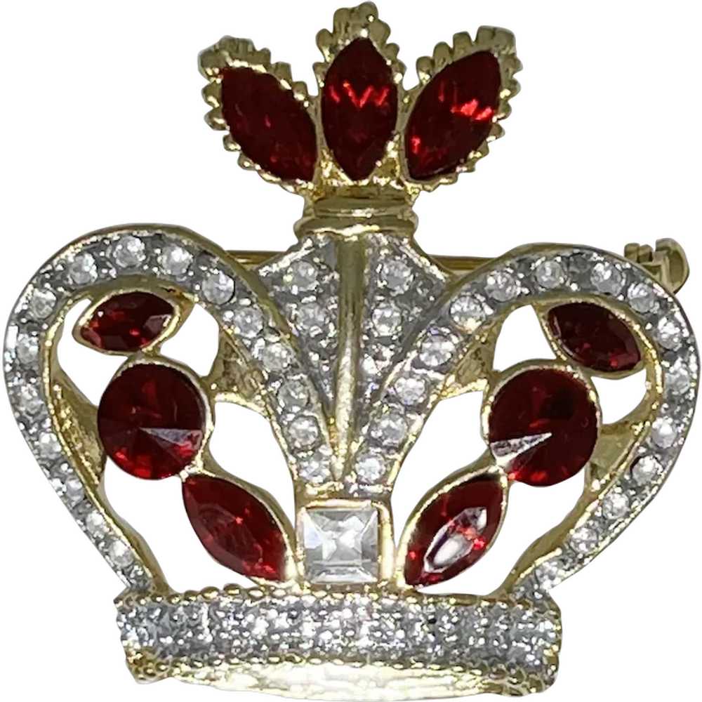 Vintage crown brooch, red and white sparkling rhi… - image 1