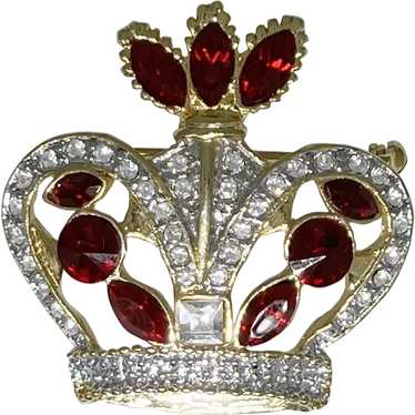 Vintage crown brooch, red and white sparkling rhi… - image 1