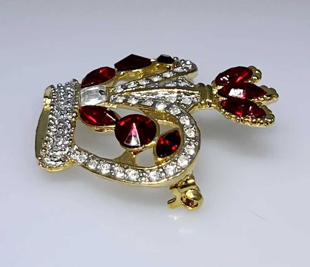 Vintage crown brooch, red and white sparkling rhi… - image 3