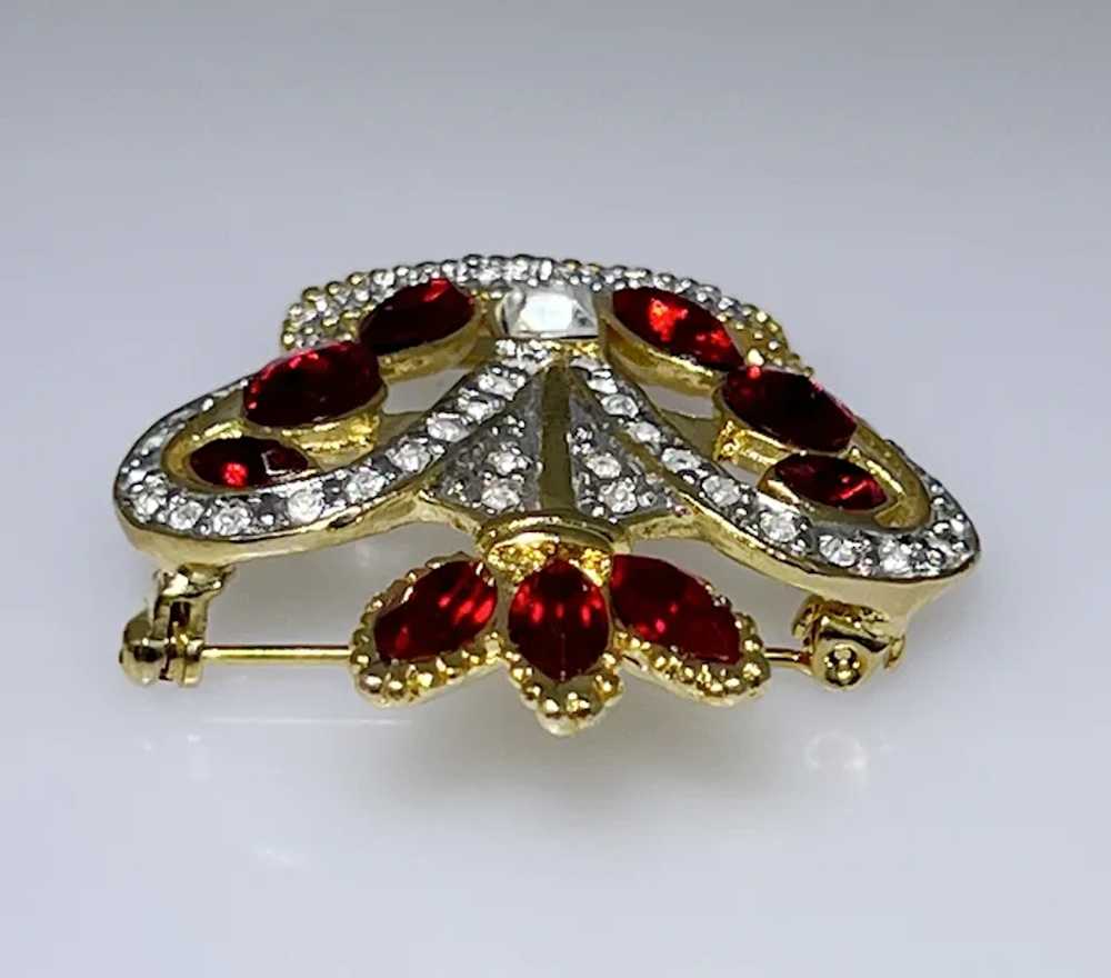 Vintage crown brooch, red and white sparkling rhi… - image 4