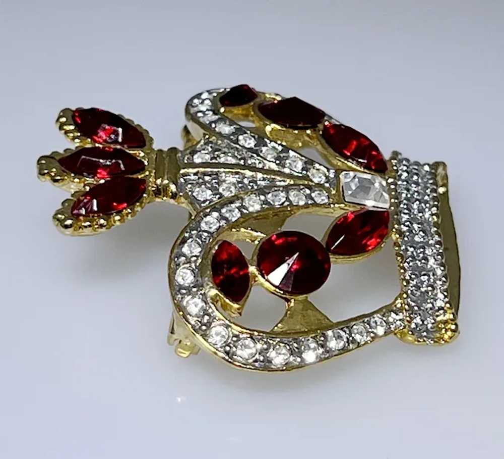 Vintage crown brooch, red and white sparkling rhi… - image 5