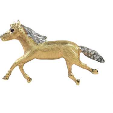 18k Yellow Gold Diamond & Ruby Horse Pin, 17.3g - image 1