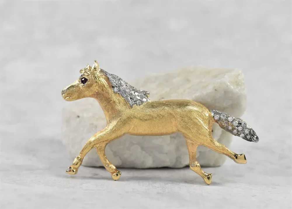 18k Yellow Gold Diamond & Ruby Horse Pin, 17.3g - image 2