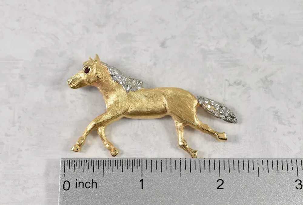 18k Yellow Gold Diamond & Ruby Horse Pin, 17.3g - image 9