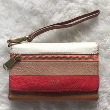 Fossil Color Block Tan Red Trifold Wallet Clutch - image 1