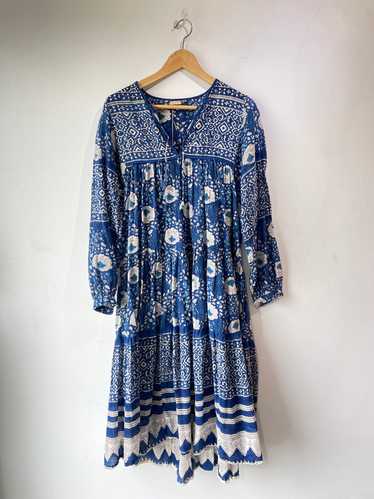 Prana-dress,calf Length,hand Block Printed,bohemian,turquoise