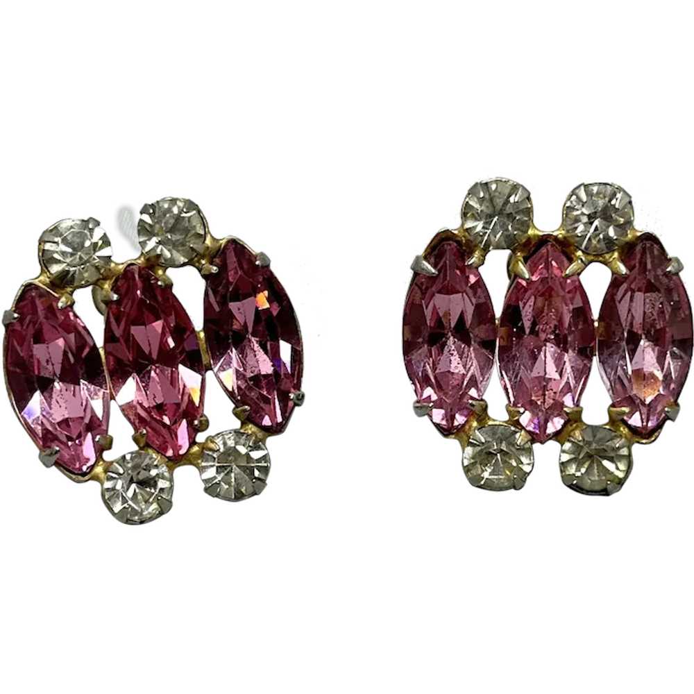 Vintage Pink Rhinestone Screw Back Earrings - image 1