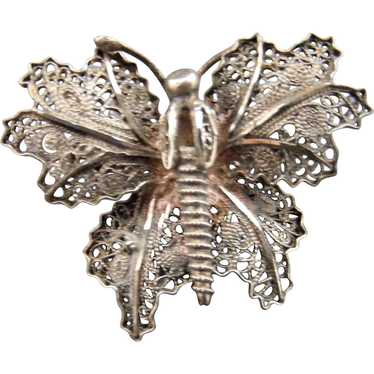 50s Butterfly Pin Sterling Silver Filigree 1.25"