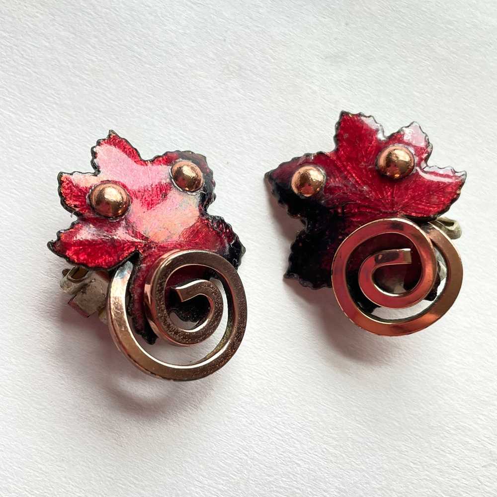 Vintage Red Enamel/Copper Leaf Earrings, Signed M… - image 1
