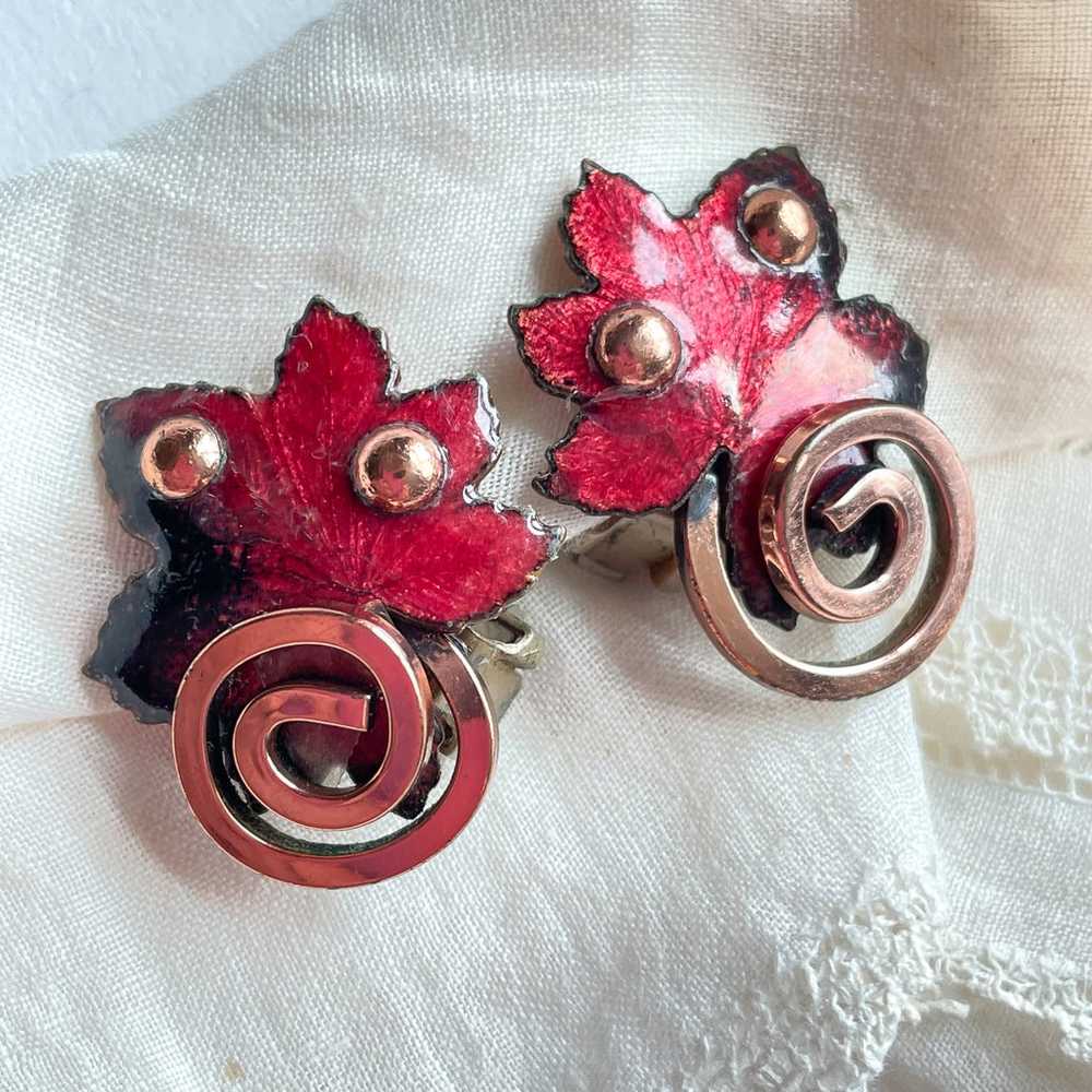 Vintage Red Enamel/Copper Leaf Earrings, Signed M… - image 2