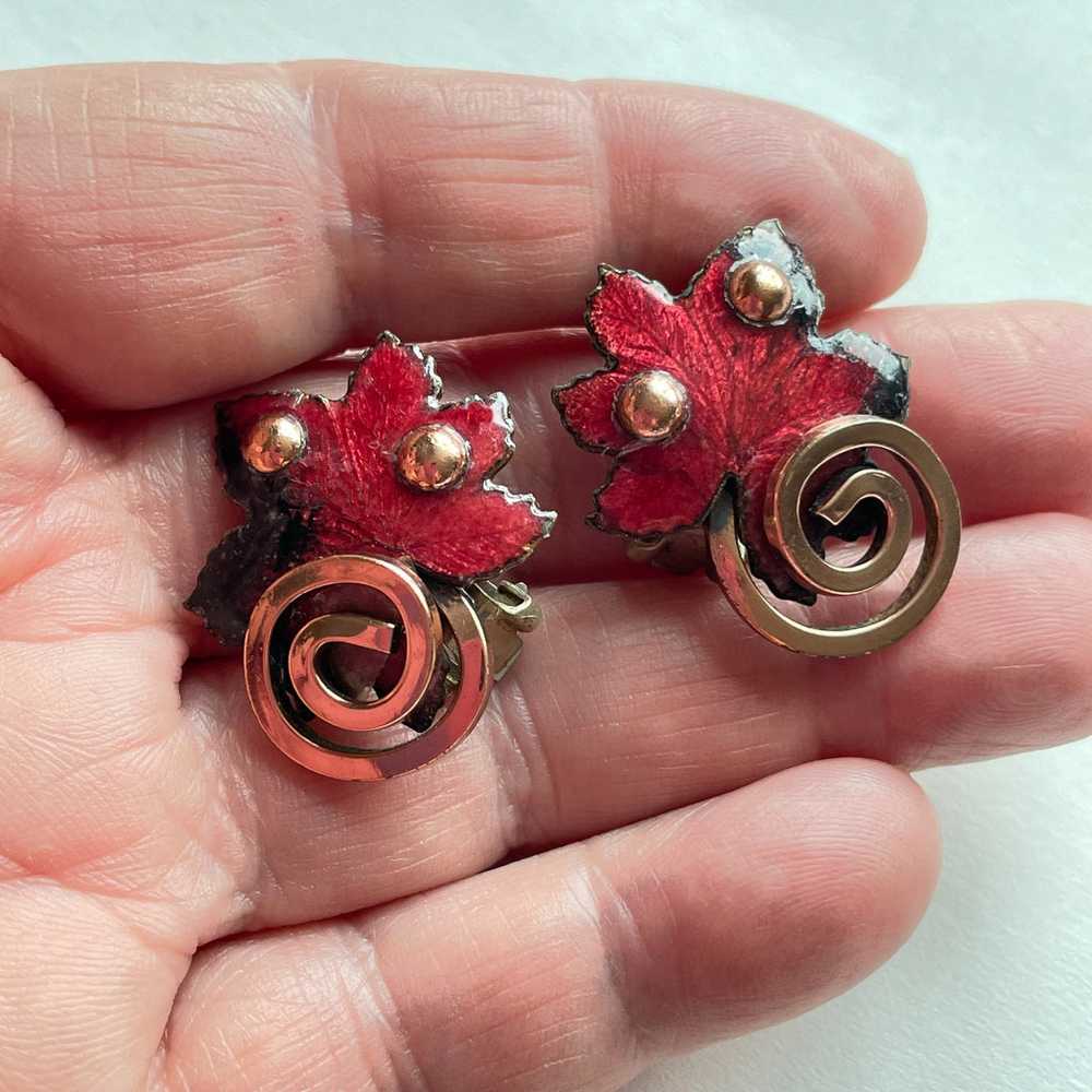 Vintage Red Enamel/Copper Leaf Earrings, Signed M… - image 3