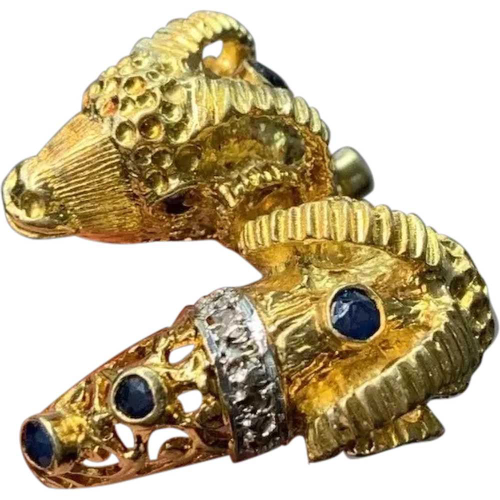 Vintage 18K Gold Sapphire and Diamond Ram Ring Si… - image 1