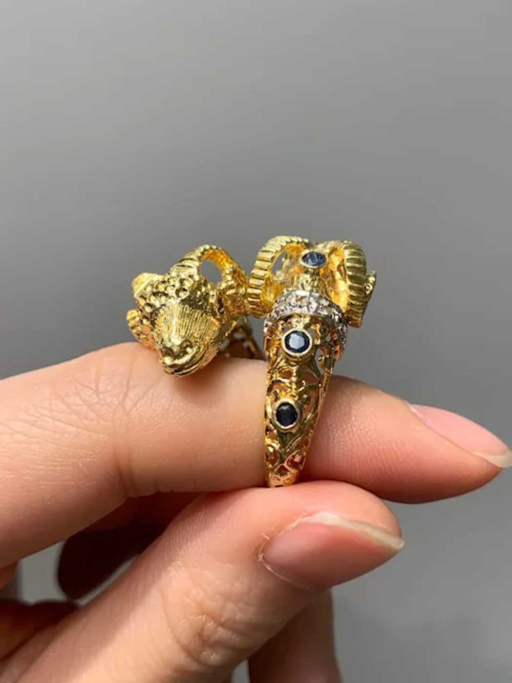 Vintage 18K Gold Sapphire and Diamond Ram Ring Si… - image 2