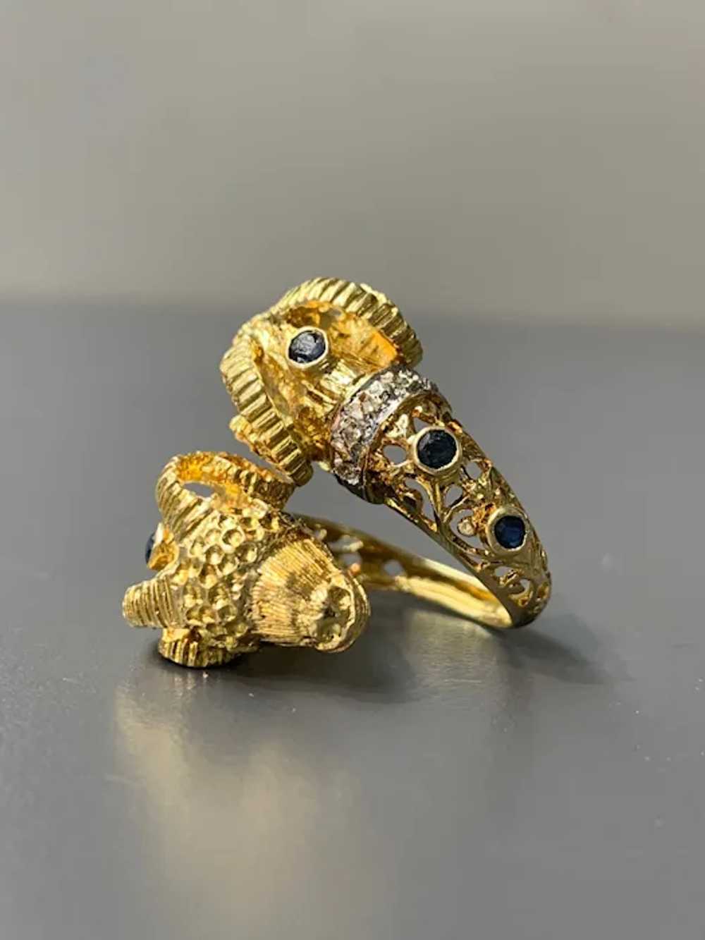 Vintage 18K Gold Sapphire and Diamond Ram Ring Si… - image 3