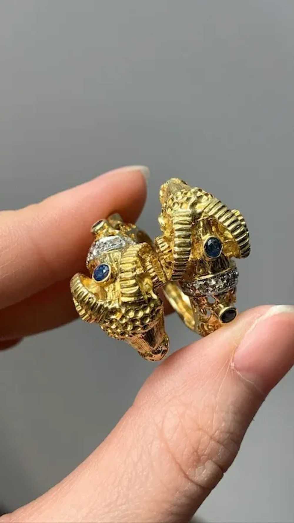 Vintage 18K Gold Sapphire and Diamond Ram Ring Si… - image 4
