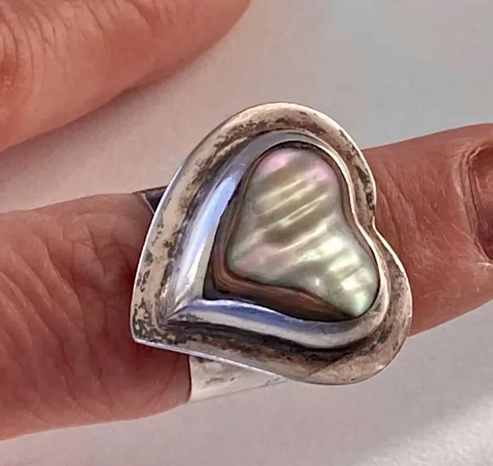 REDUCED Mexican Sterling Mother Of Pearl Heart Ri… - image 6