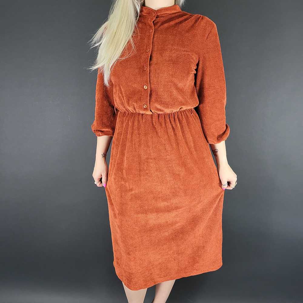 70s/80s Burnt Orange Terry Cloth Shirtwaist Dress - image 1