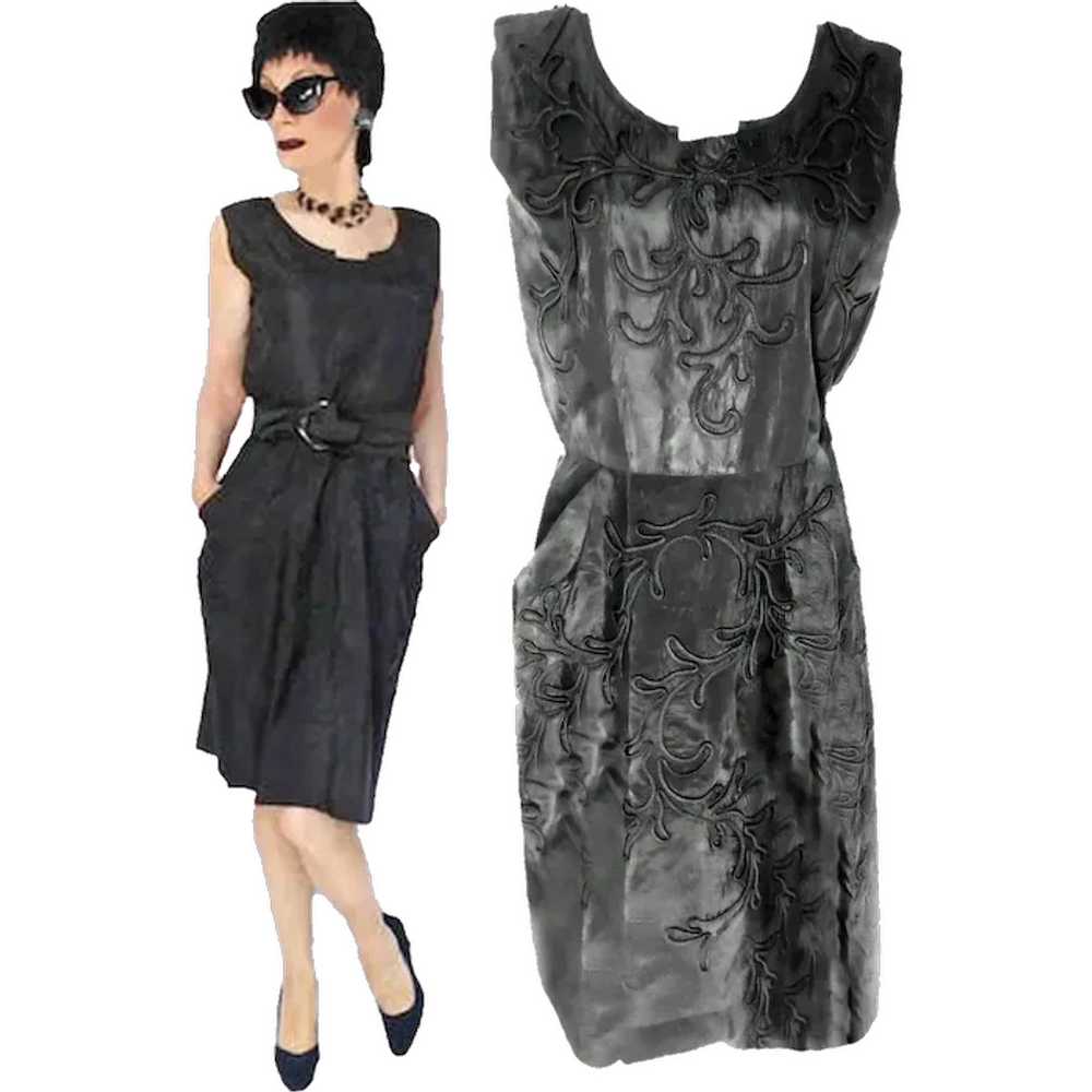 50s Black Taffeta Sheath Dress With Pockets, Wigg… - image 1
