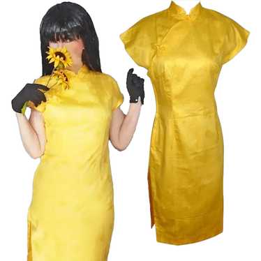 1960s Yellow Cotton Cheongsam Dress, Unused Asian… - image 1