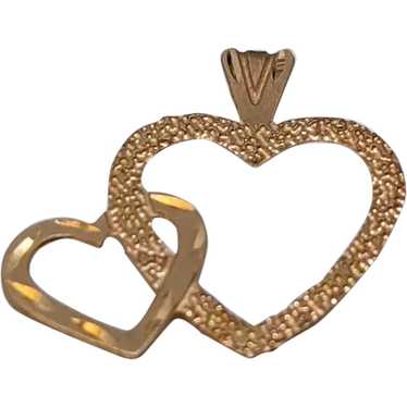 14k Open Heart Pendant. Double Heart Textured Cha… - image 1