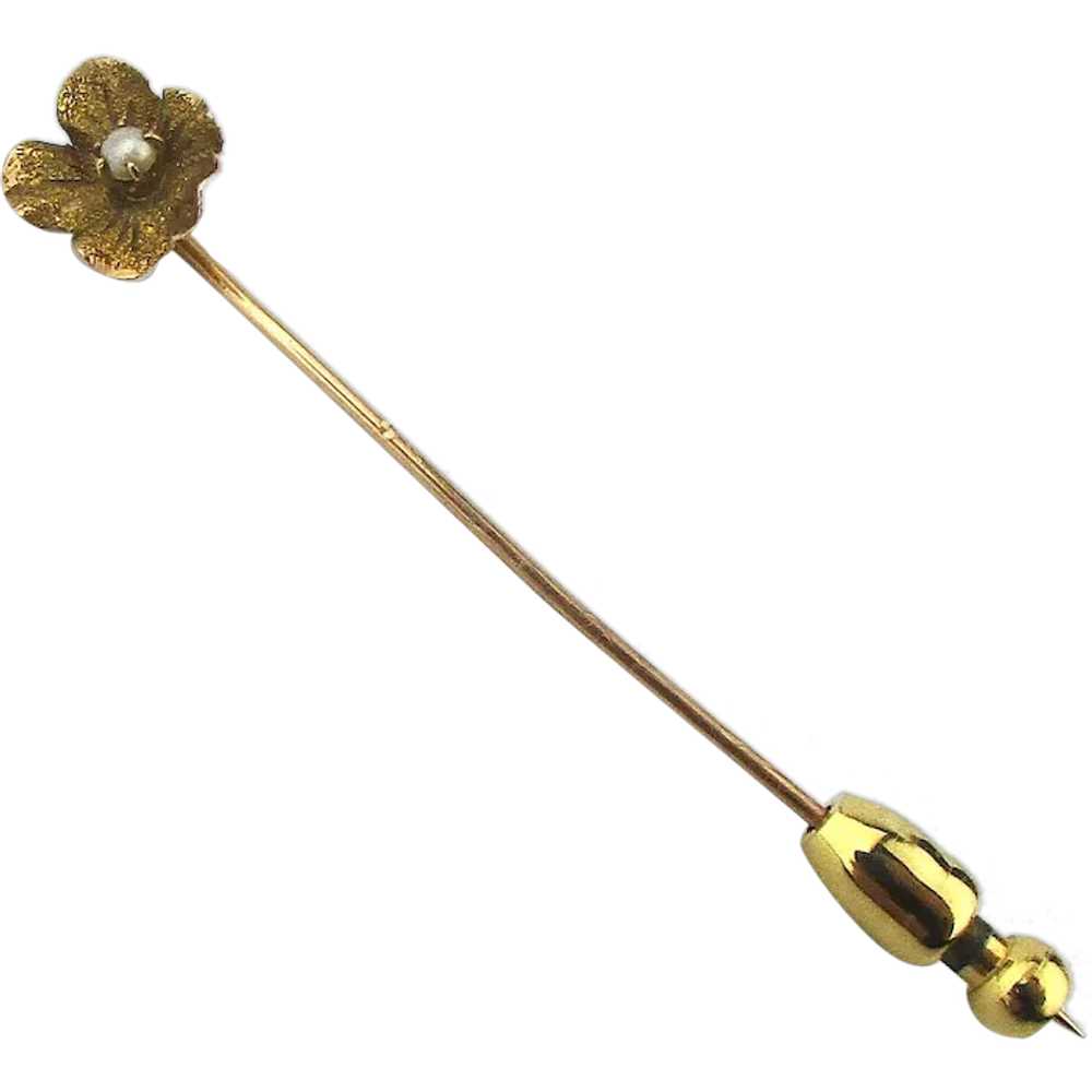 Wee Little 10K Gold Stickpin Flower w/ Pearl - image 1