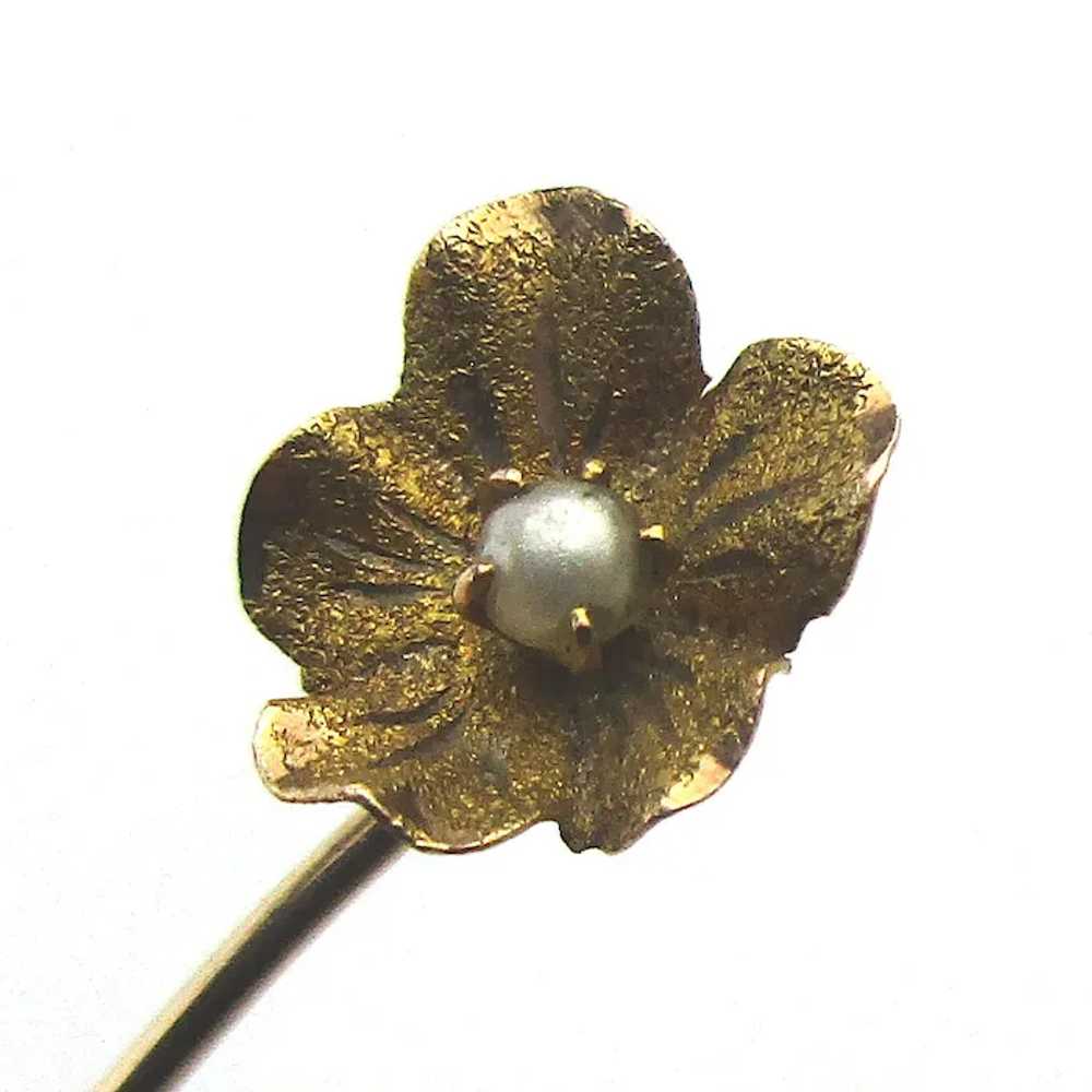 Wee Little 10K Gold Stickpin Flower w/ Pearl - image 3