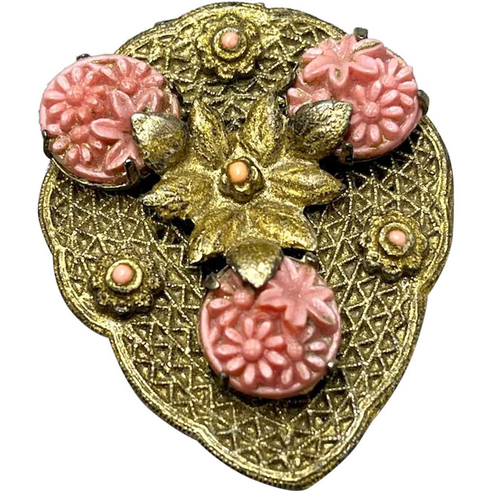 Estate Filigree Coral Celluloid Floral Dress Clip - image 1