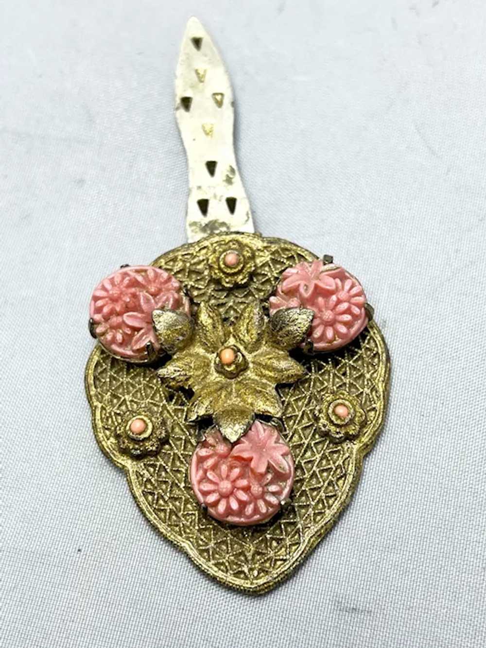 Estate Filigree Coral Celluloid Floral Dress Clip - image 6