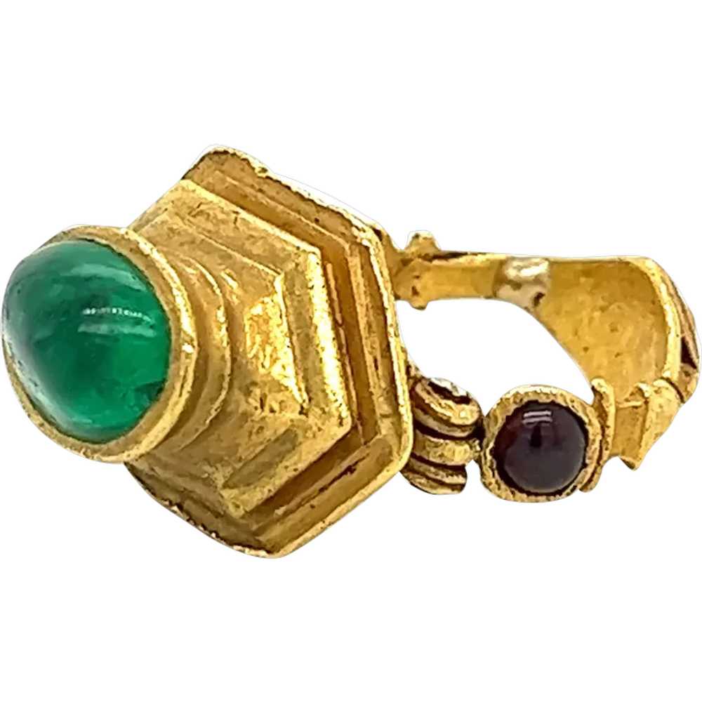 22K Gold Egyptian Revival Emerald and Garnet Mova… - image 1