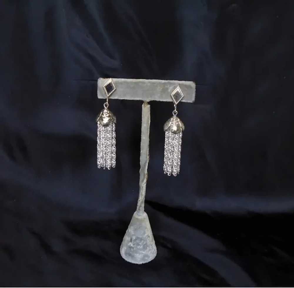 Clip On Chain Tassel Long Silvertone Dangle Earri… - image 5