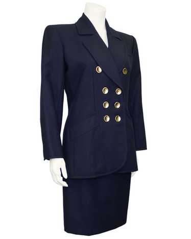 Yves Saint Laurent Navy Wool Skirt Suit with Gold 