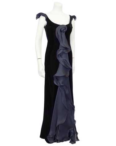 Giorgio Armani Black Velvet Gown with Cascading La