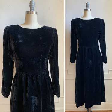 Vintage 80s Black Velvet Long Sleeve Bow Dress - image 1