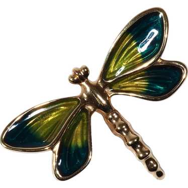 Enameled Dragonfly Brooch in 18K Yellow Gold