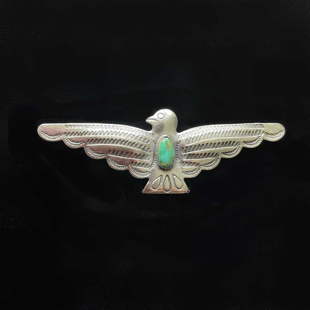 Vintage Sterling Silver Turquoise Thunderbird Bro… - image 1