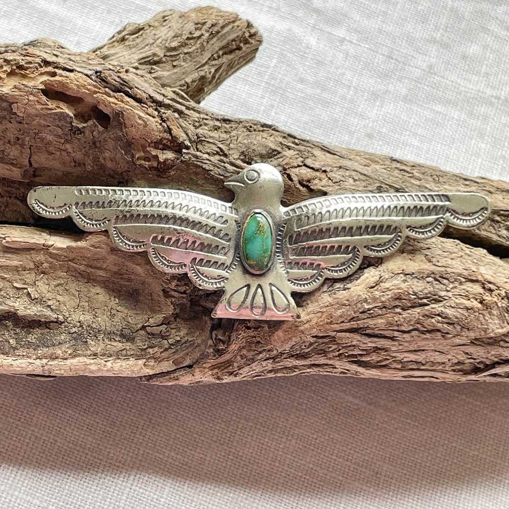 Vintage Sterling Silver Turquoise Thunderbird Bro… - image 3