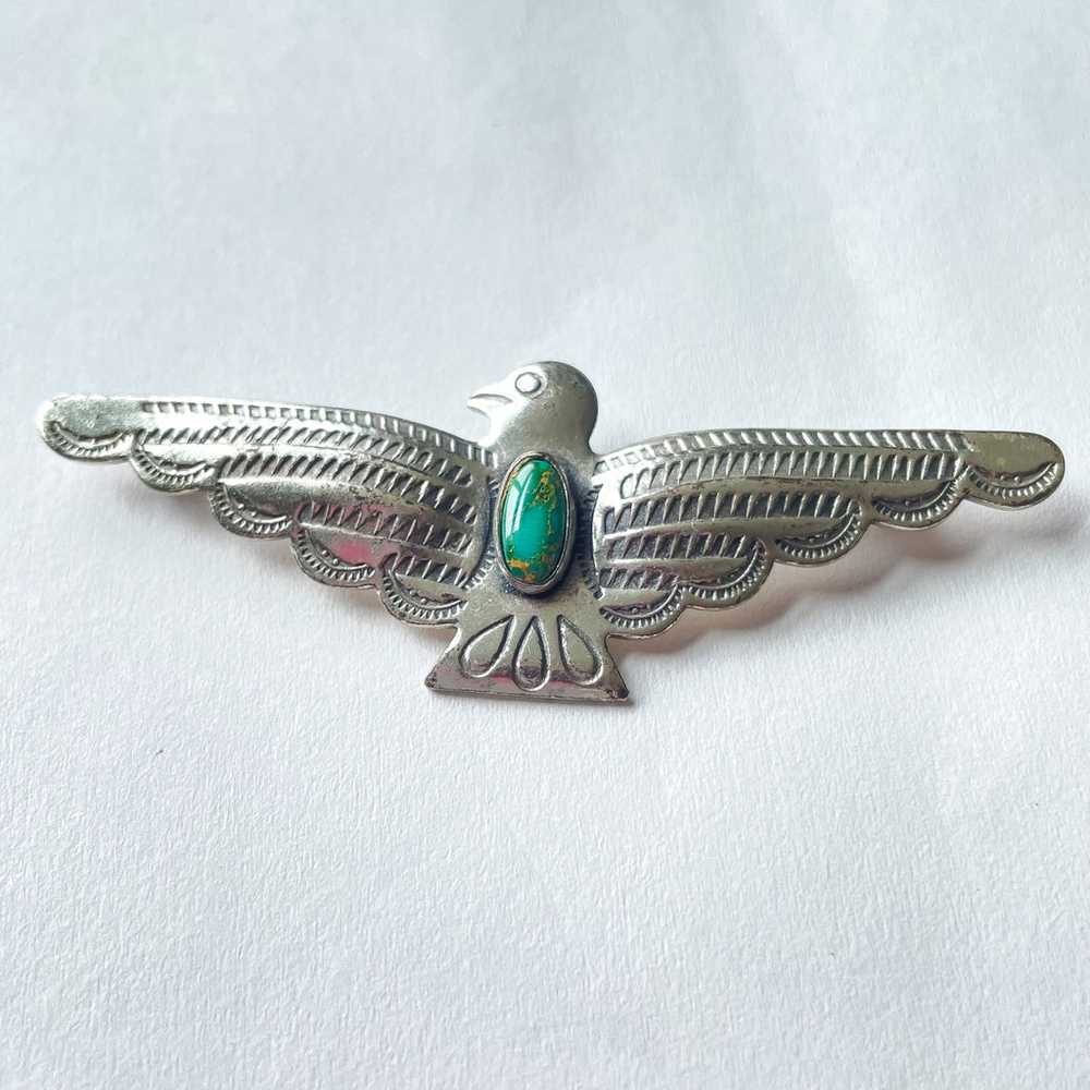 Vintage Sterling Silver Turquoise Thunderbird Bro… - image 4