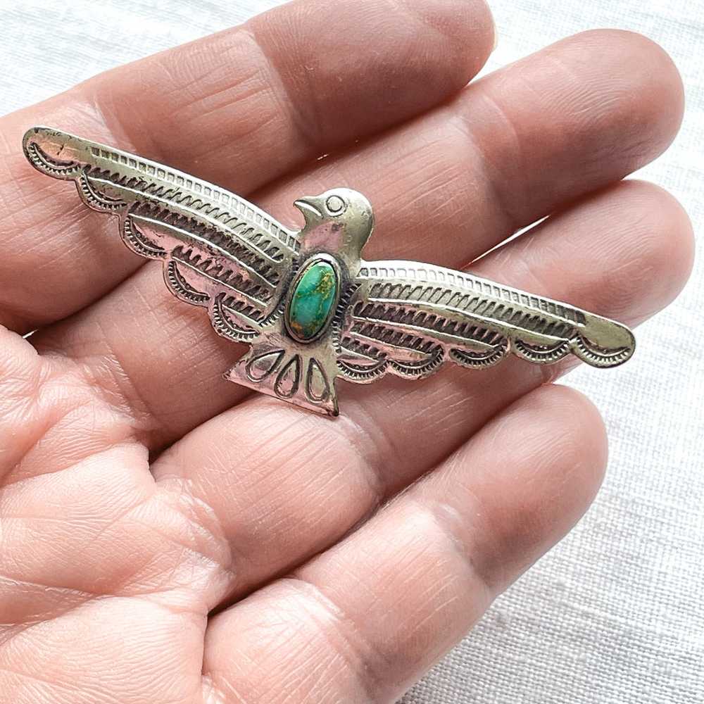 Vintage Sterling Silver Turquoise Thunderbird Bro… - image 7