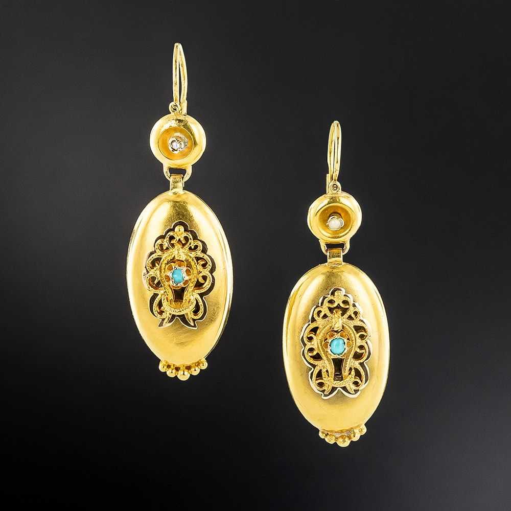 Victorian Turquoise and Seed Pearl Dangle Earring… - image 1