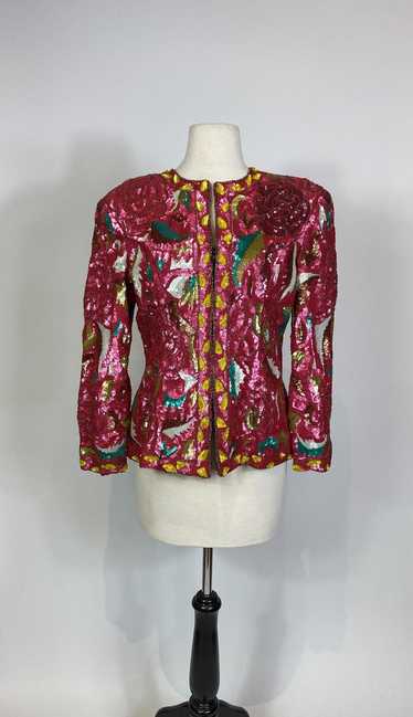 1980s Sequin Rose Print Jacket Silk Lined