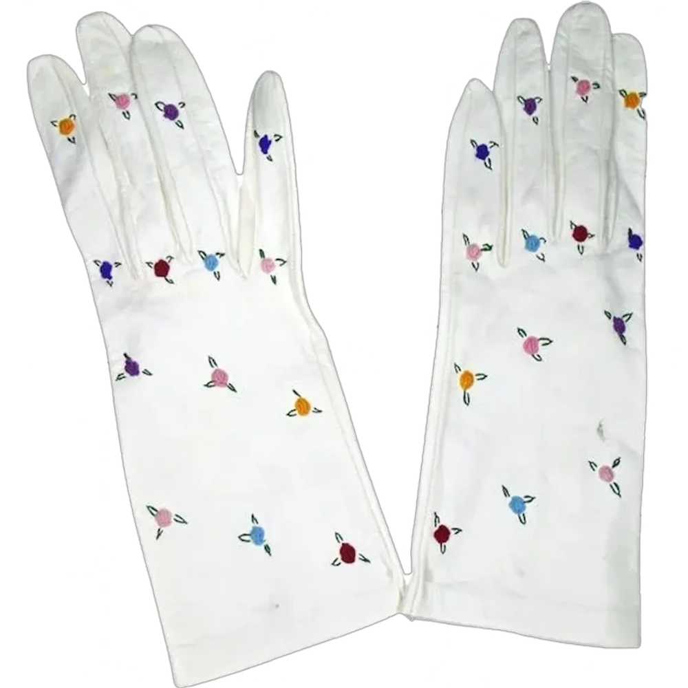 50s White Kid Leather Gloves, Multicolor Floral E… - image 1