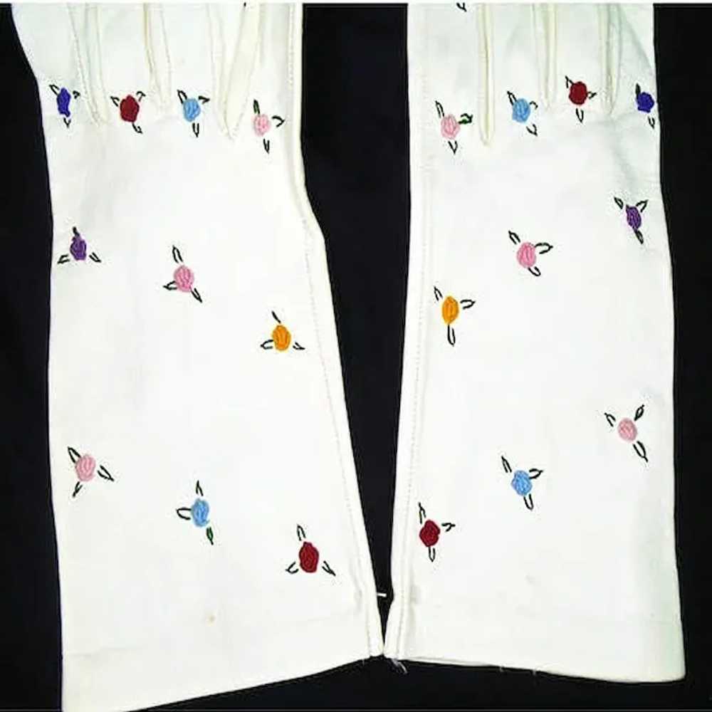 50s White Kid Leather Gloves, Multicolor Floral E… - image 2
