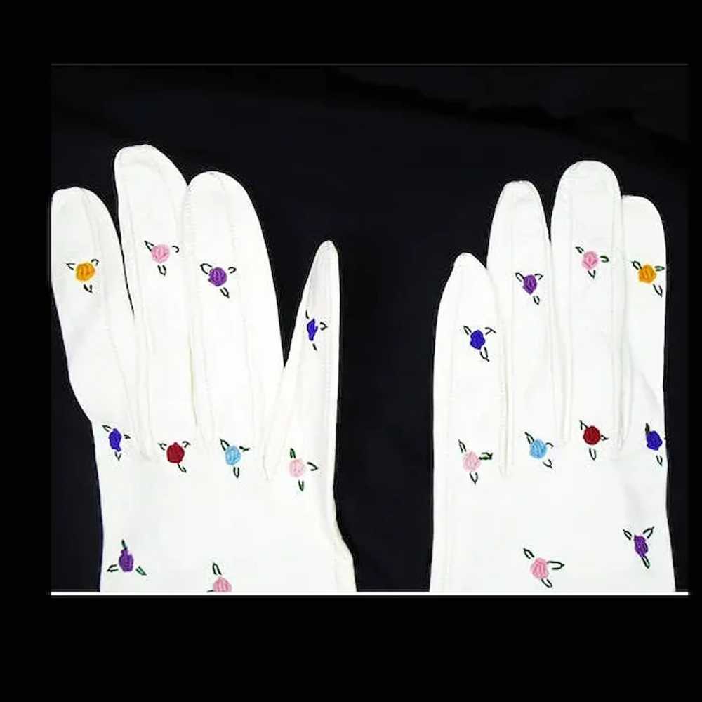 50s White Kid Leather Gloves, Multicolor Floral E… - image 5