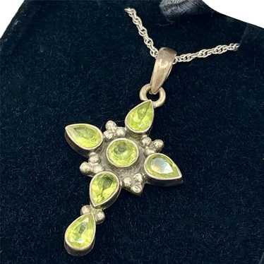 Vintage Handcrafted Peridot and Silver Cross Pend… - image 1