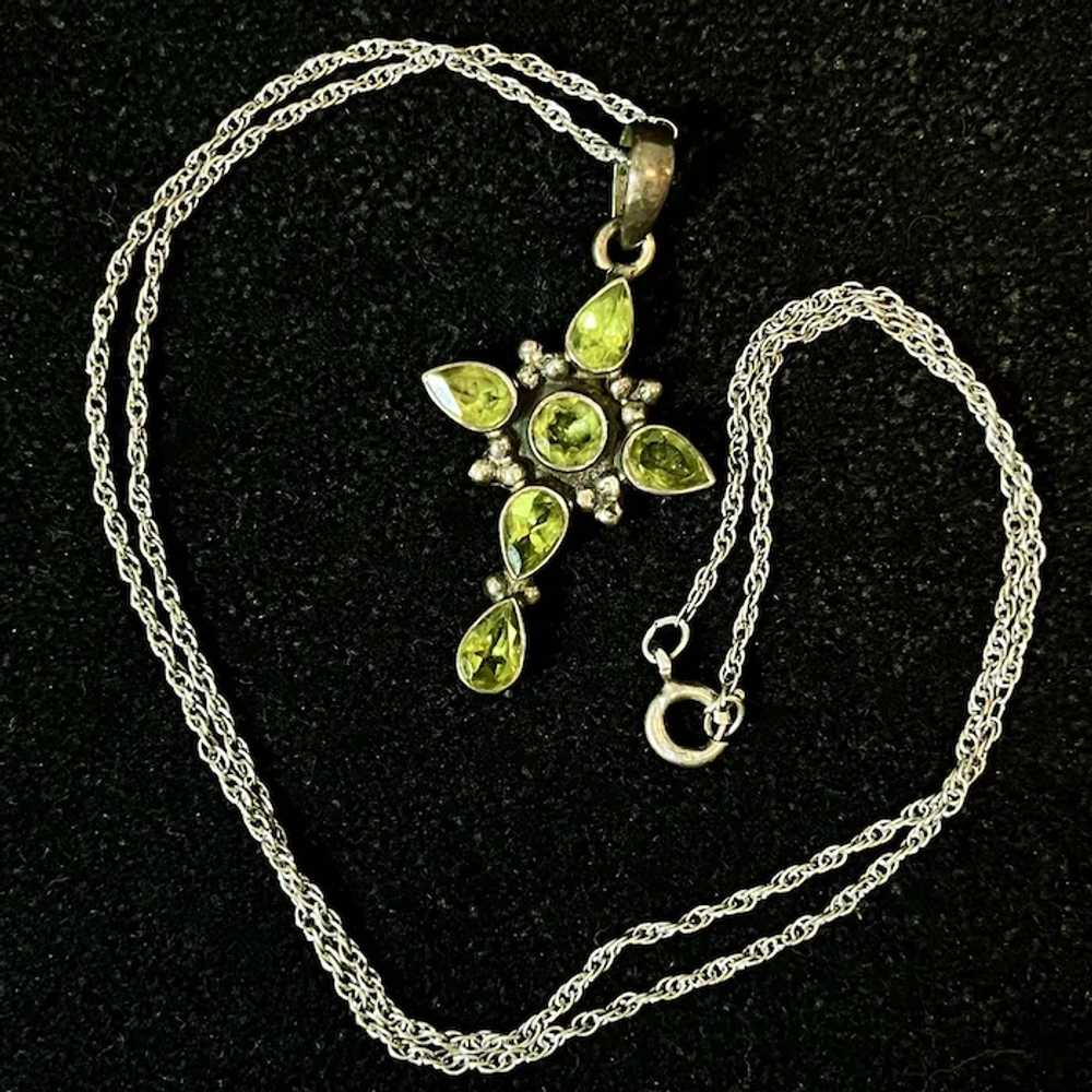 Vintage Handcrafted Peridot and Silver Cross Pend… - image 2