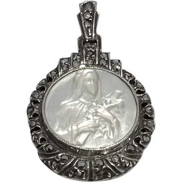 Art Deco Carved Mother of Pearl Virgin Mary Pende… - image 1