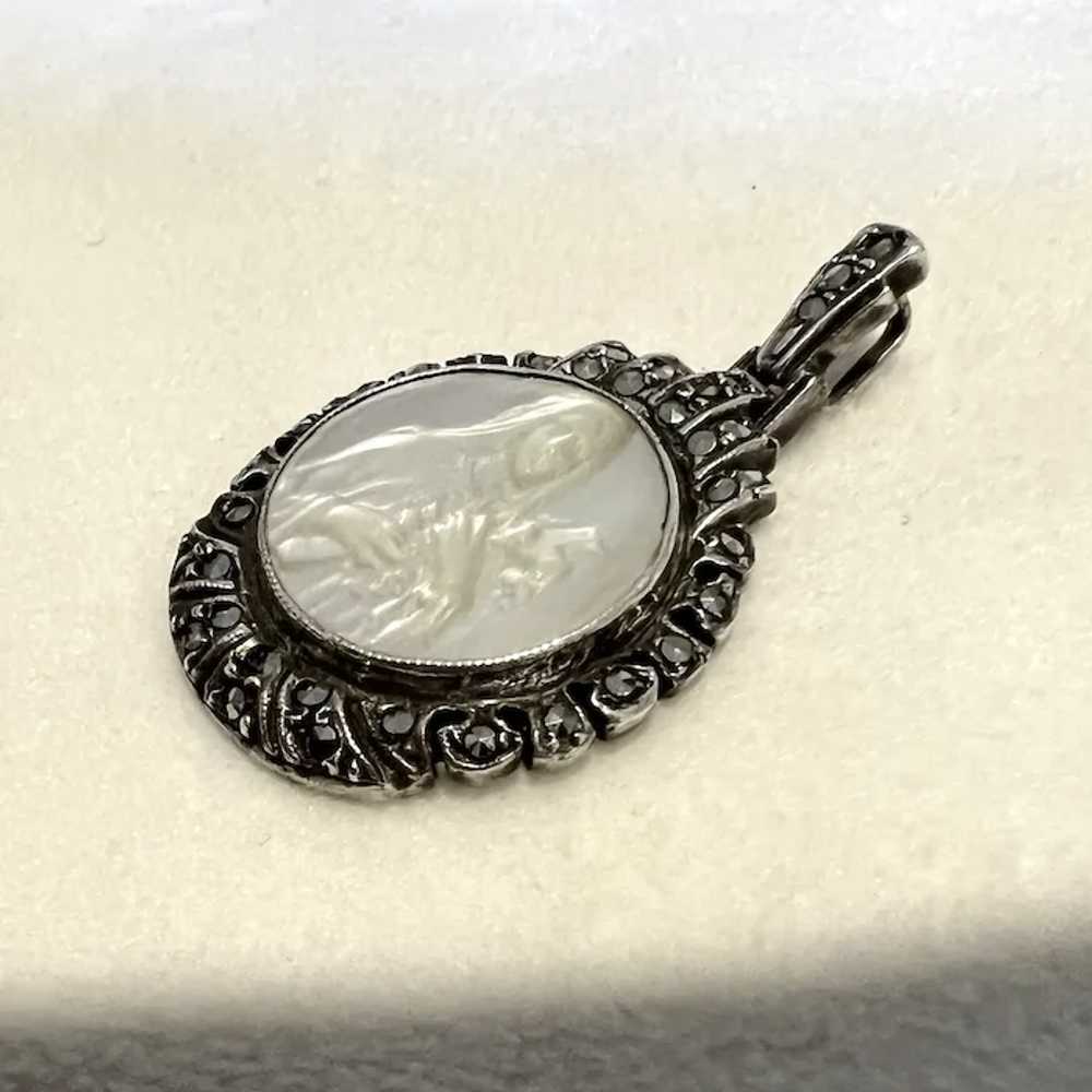 Art Deco Carved Mother of Pearl Virgin Mary Pende… - image 4